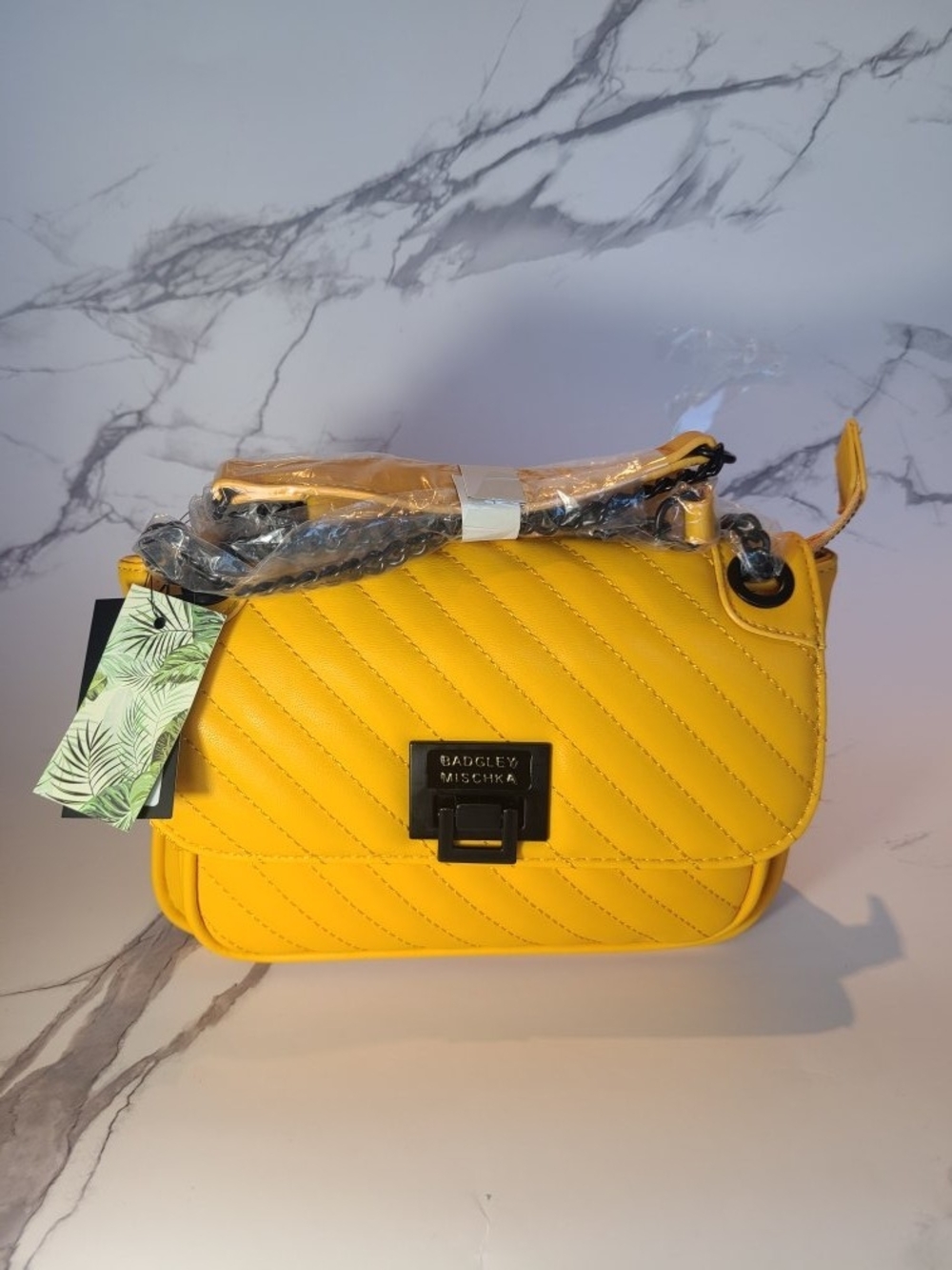 Badgley Mischka Bright Yellow Quilted Crossbody Bag with Chain Strap